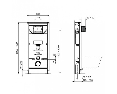 Инсталляция Ideal Standard Prosys с унитазом Tesi Rimless, PR386801, сиденье микролифт, комплект