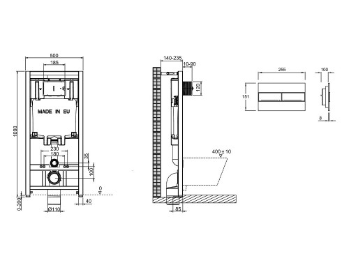 Инсталляция Jacob Delafon E21750RU-00 с безободковым унитазом Struktura EDE102, сиденье микролифт, клавиша черная, (E29025+E20859-7-BMT+EDE102+E20606)