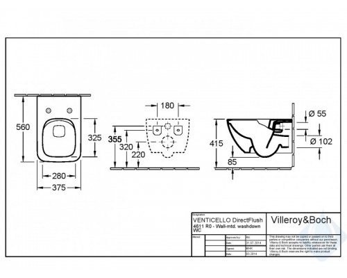 Подвесной безободковый унитаз Villeroy&Boch Venticello 4611RSR1 с сиденьем микролифт, c покрытием CeramicPlus, альпийский белый