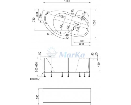 Ванна 1MarKa AURA, асимметричная, левая/правая, 150 х 105 см