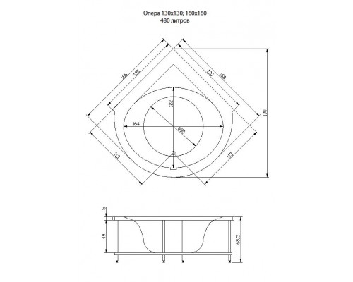 Ванна акриловая Акватика Опера 130/168 х 130/168 х 66 см
