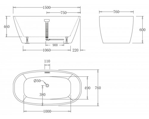 Ванна акриловая BelBagno BB72-1500, 150 х 80 см