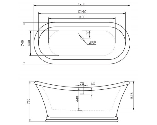 Ванна акриловая BelBagno BB09, 170 х 74 х 60 см