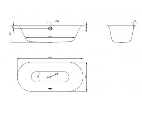 Ванна стальная Bette Lux Oval 3466-000 180 х 80 х 45 см с шумоизоляцией, белая (для удлиненного слива-перелива)