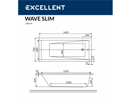 Ванна акриловая Excellent Wave Slim 170 х 75 см