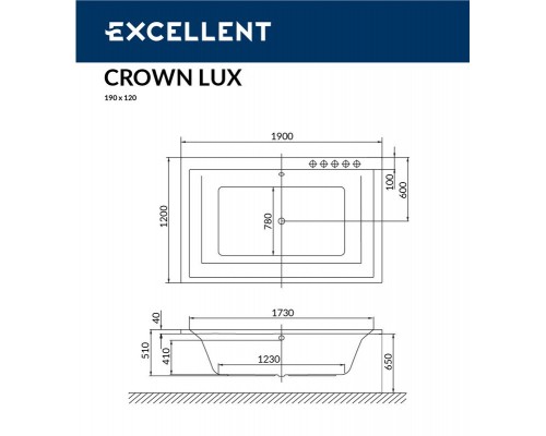 Ванна гидромассажная Excellent Crown Lux 190 x 120 см, NANO, хром, каркас в подарок
