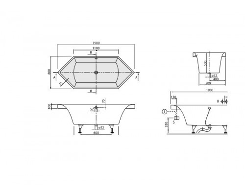 Квариловая ванна Villeroy&Boch Squaro 190 x 80 см UBQ190SQR6V-01