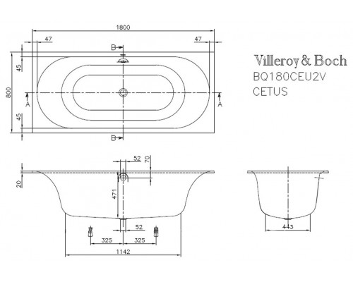 Ванна квариловая Villeroy&Boch CETUS UBQ180CEU2V-01, 180 х 80 см, alpin