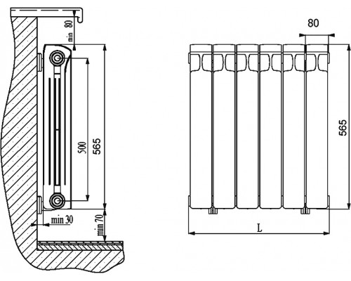 Радиатор алюминиевый Rifar Alum 500 4 секции, боковое подключение, ALUM500-04