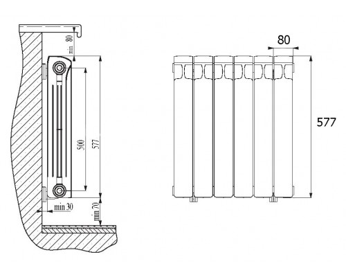 Радиатор биметаллический Rifar Monolit Ventil 500 8 секций, нижнее левое подключение, MVL500-08