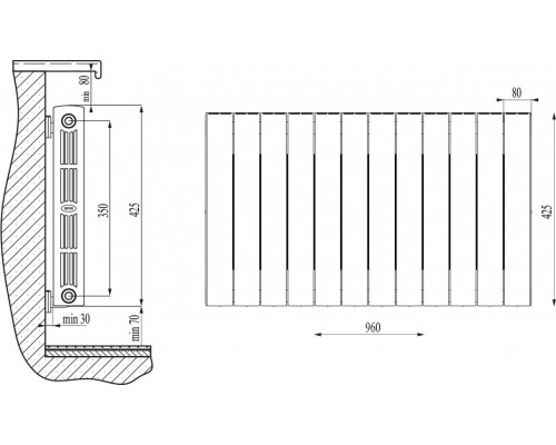 Радиатор биметаллический Rifar SUPReMO 350 12 секций, боковое подключение, S350-12