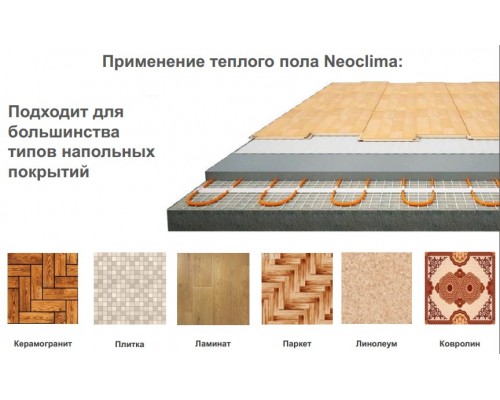 Теплый пол Neoclima N-TC 1095/8.6: площадь обогрева 8,6 кв.м., мощность 1095 Вт, 73 м