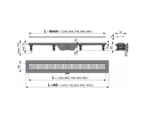 Душевой лоток AlcaPlast APZ10-Simple 550M с решеткой и опорами