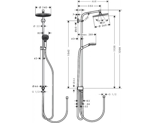 Душевой гарнитур Hansgrohe Crometta S 240 1jet Showerpipe Rеno 27270000 с верхним душем