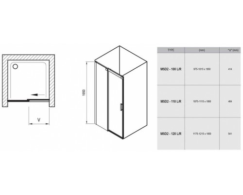 Дверь душевая Ravak Matrix MSD2-100, левая/правая, профиль сатин, витраж транспарент, 0WLA0U00Z1/0WPA0U00Z1