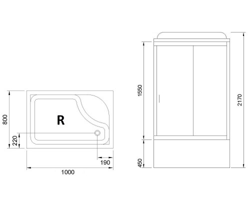 Душевая кабина Royal Bath BP 100 x 80 см, дверь прозрачная, задние стенки черные, профиль белый, RB8100BP5-BT-L/R