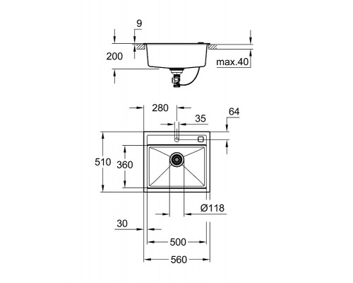 Мойка кухонная из искусственного гранита Grohe K700 31651AP0, 56 x 51 см, с корзинчатым вентилем и донным клапаном, черный гранит