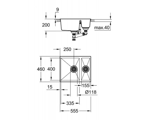 Мойка кухонная из искусственного гранита Grohe K500 31648AP0, 55,5 x 46 см, с корзинчатым вентилем и сливным гарнитуром, черный гранит