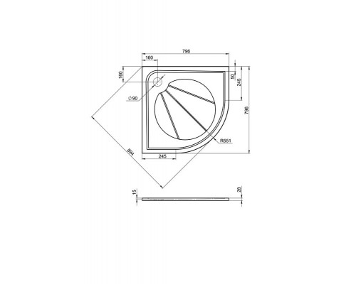 Душевой поддон Bas Эклипс, 80 x 80 см, литьевой мрамор, четверть круга, белый, ЛП00012