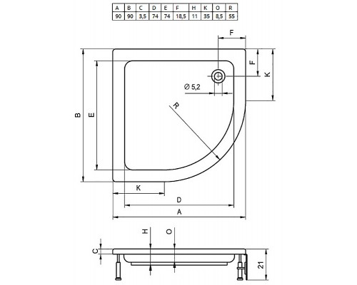 Поддон душевой Riho 210 90 x 90 см, DA19, с ножками