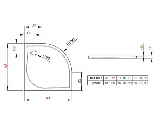 Поддон для душа Radaway Delos A800, 80 x 80 см, четверть круга, SDA0808-01