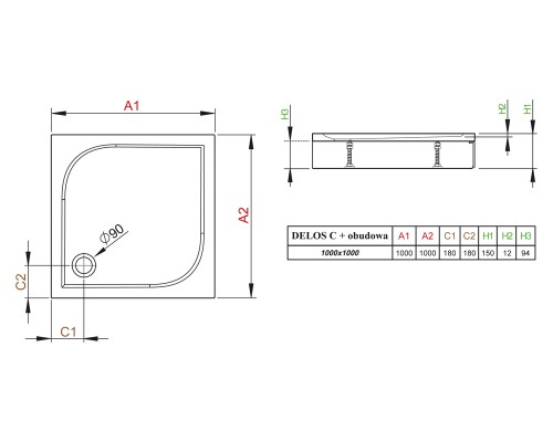 Поддон для душа Radaway Delos C1000, 100 x 100 см, квадратный, 4C11170-03