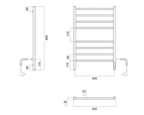 Полотенцесушитель электрический Domoterm Квадро П8 500x800 EK R, ширина 50 см, высота 80 см, подключение справа, хром