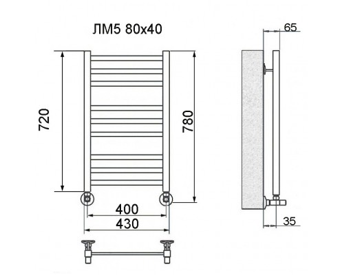 Полотенцесушитель водяной Ника Modern, высота 80 см, ширина 40 см, хром, ЛМ 5 80/40, комплект вентилей люкс