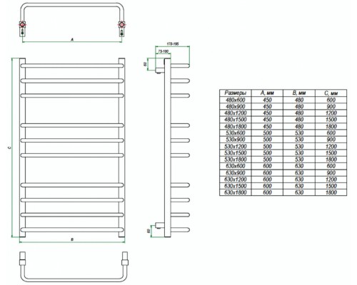 Полотенцесушитель электрический Grota EcoForte 48 x 150 см, ширина 48 см, высота 150 см, матовый