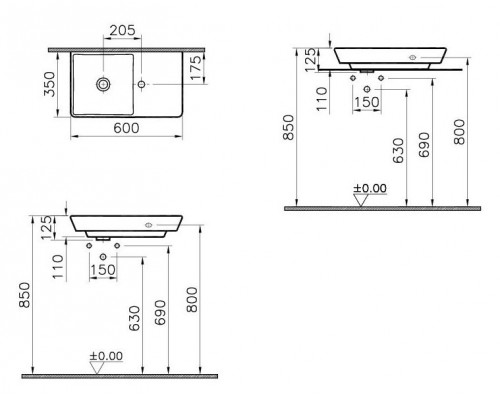 Раковина Vitra T4 4459B003-0041 60x35 см подвесная, 1 отверстие для смесителя, без перелива