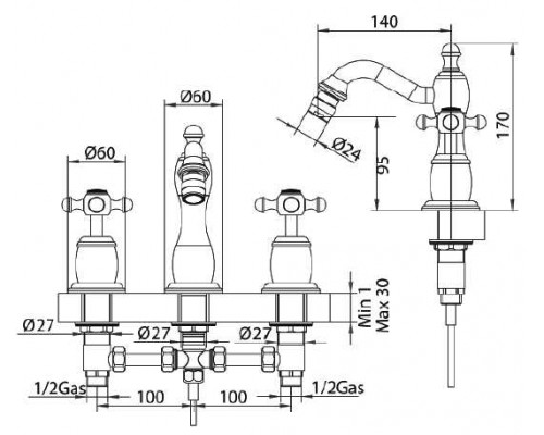 Смеситель Bandini Antica 562920ZZ06 для биде на 3 отверстия, цирконий