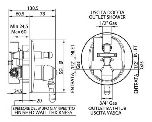 Смеситель Bandini Antico 854620ZZ06 для ванны/душа, цирконий/ручка керамическая Antico