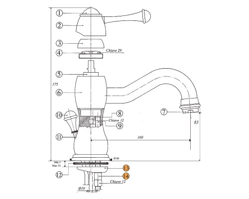 Смеситель Bandini Antico 850120KK00 для раковины, золото/ручка металлическая Antico