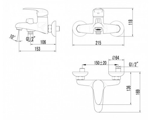 Смеситель Lemark Pramen для ванны, с душевой лейкой, хром, LM3314C