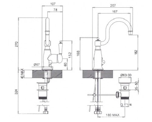 Смеситель для раковины Margaroli Classica RU1001AA01GD, с донным клапаном, золото