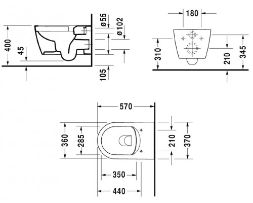 Подвесной унитаз Duravit Me by Starck Rimless, безободковый крышка микролифт, 45290900A1