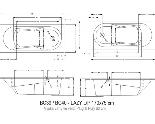 Акриловая ванна Riho Lazy B080001005/BC3900500000000 L/R 170 x 75 см