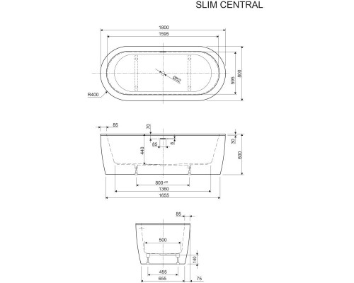 Ванна акриловая Cezares Slim Central, 180 х 80 см, отдельностоящая, черная фронтальная панель, чаша белая, SLIM CENTRAL-180-80-60-NERO-SET