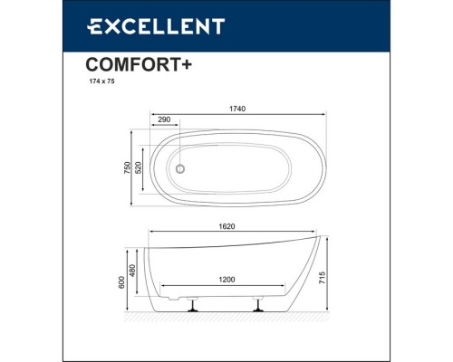 Ванна акриловая Excellent Comfort+ 175 x 74 см, черный/белый, WAEX.CMP2.17WB Elit-san.ru