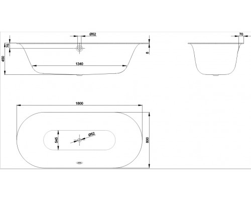 Ванна стальная Bette Lux Oval, 180 х 80 х 45 см, с шумоизоляцией, черная матовая, для удлиненного слива-перелива, 3466-035