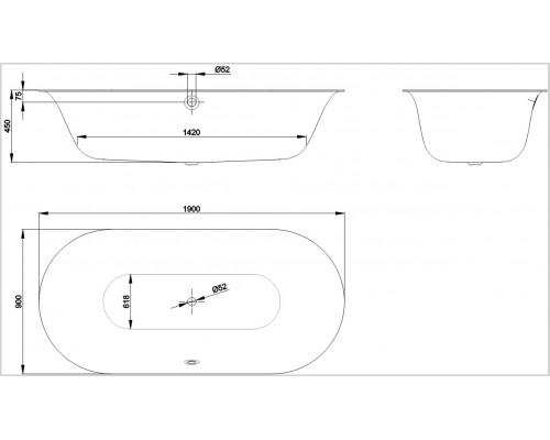 Ванна стальная Bette Lux Oval, 190 х 90 х 45 см, с шумоизоляцией, с BetteGlasur Plus, антислип, черная матовая, для удлиненного слива-перелива, 3467-035 PLUS AR
