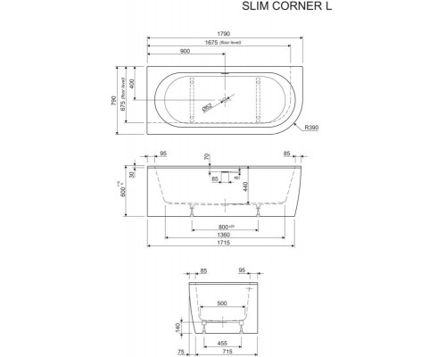 Ванна акриловая Cezares Slim Corner, 179 х 79 см, черная фронтальная панель, чаша белая, левая/правая