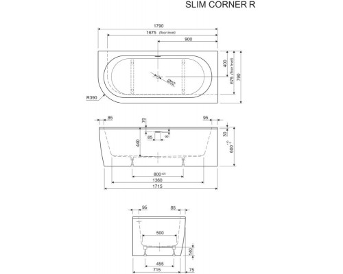 Ванна акриловая Cezares Slim Corner, 179 х 79 см, черная фронтальная панель, чаша белая, левая/правая