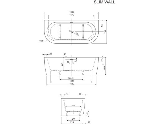 Ванна акриловая Cezares Slim Wall, 180 х 79 см, черная фронтальная панель, чаша белая, SLIM WALL-180-80-60-NERO-SET