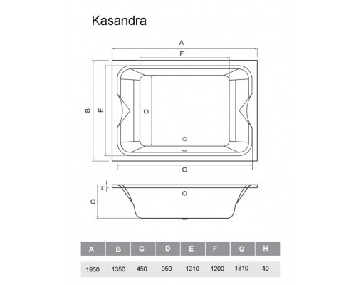 Ванна акриловая Vayer Kasandra 195 х 135 см, прямоугольная, белая, Гл000025030