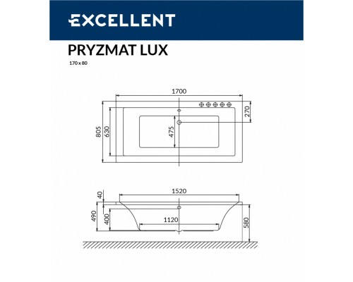 Ванна акриловая Excellent Pryzmat Lux 170 х 80 см, WAEX.PRL17WH