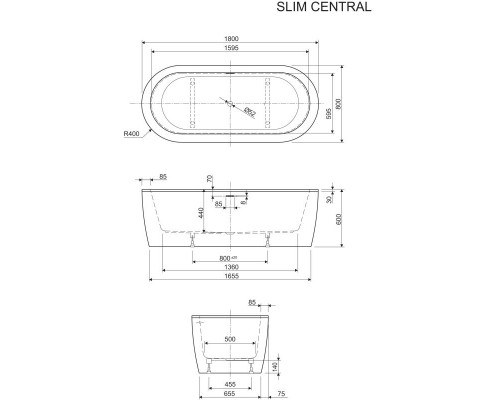 Ванна акриловая Cezares Slim Central, 180 х 80 см, отдельностоящая, белая фронтальная панель, чаша белая, SLIM CENTRAL-180-80-60-W37-SET