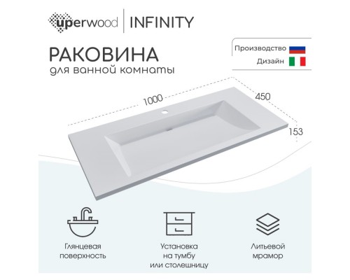 Раковина для ванной полувстраиваемая Uperwood Infinity 100х45х15,3 см, белая глянцевая