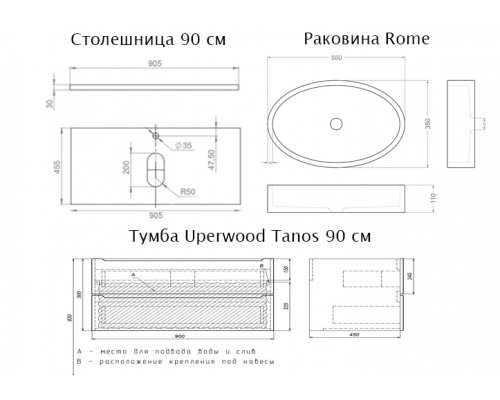 Комплект Тумба со столешницей для ванной Uperwood Tanos (90 см, черная/бук темный, с накладной раковиной Rome, цвет черный)