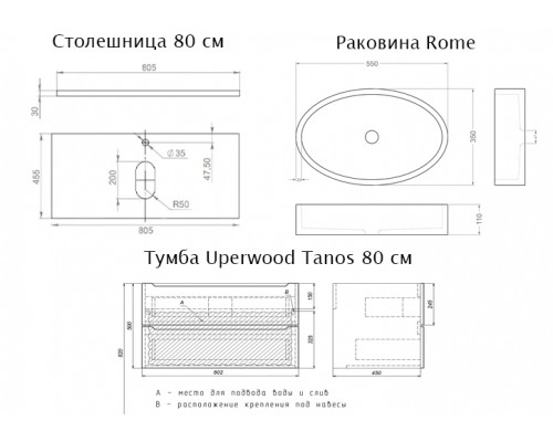 Комплект Тумба со столешницей для ванной Uperwood Tanos (80 см, белая/бук светлый, с накладной раковиной Rome, цвет черный)